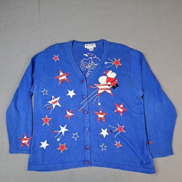 Vintage Christmas Sweater Womens 2XL Blue Heavy Knit Sparkle USA Santa Button Up - Picture 1 of 12